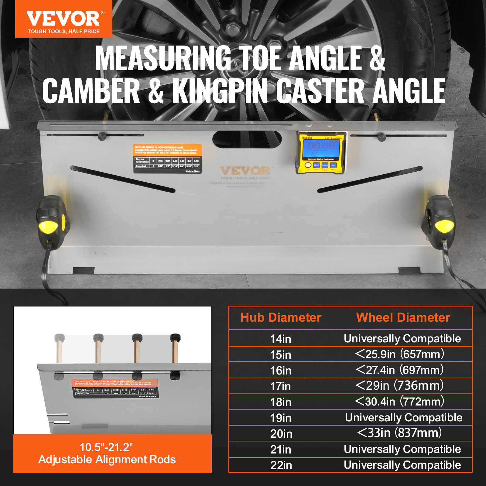 VEVOR 6 Wheel Alignment Tool Camber/Caster/Toe Gauge 0.1° Toe Plates 2 Measuring