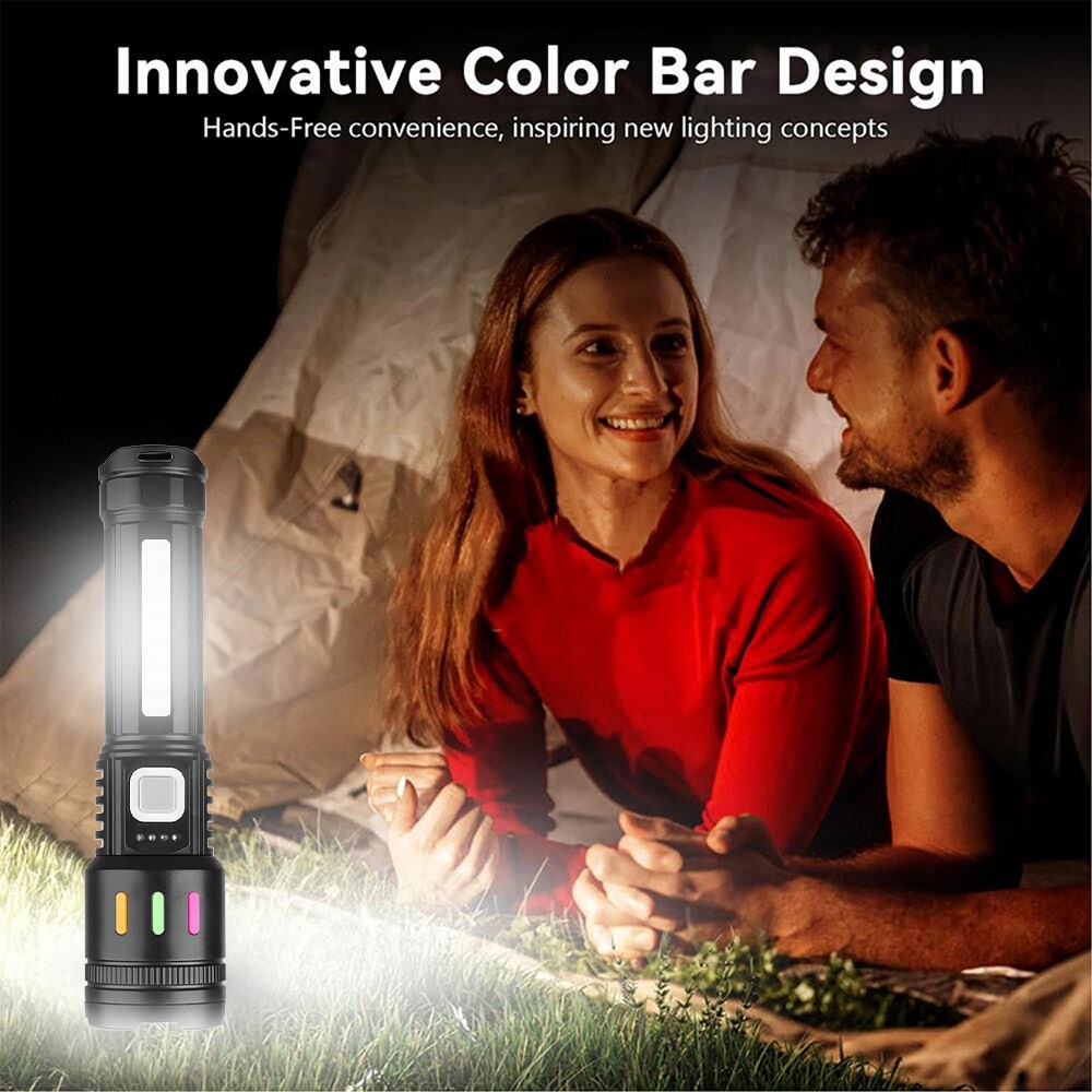 Super Bright P50 LED Tactical Flashlight with COB Side Light 5 Modes Zoomable