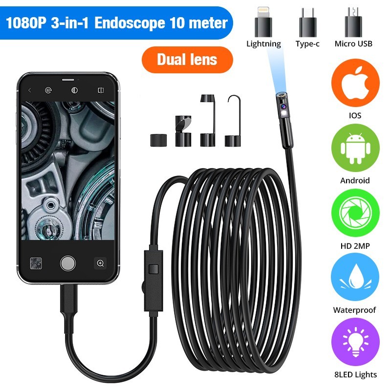 HD Endoscope Borescope 8mm Inspection Snake Camera for iPhone Android iOS 1920P
