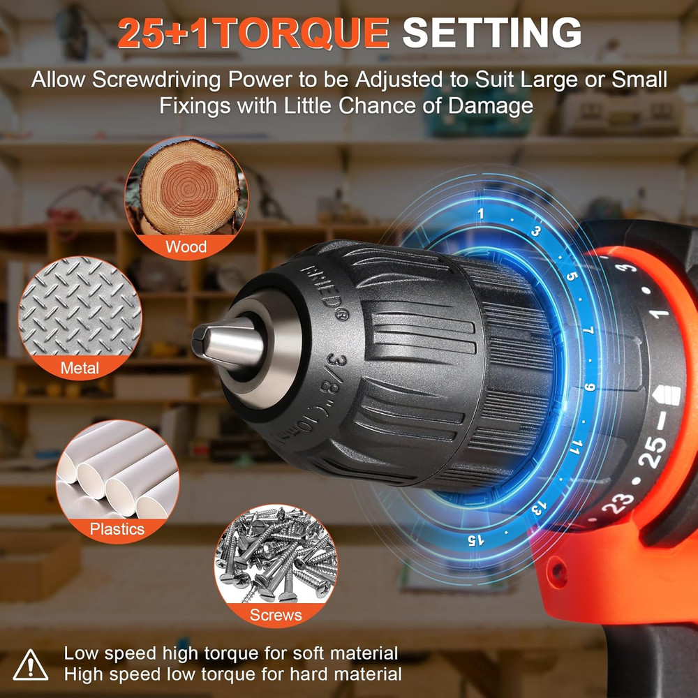 Cordless Drill Driver Set 12V,3/8"Keyless Chuck Battery Drill Kit,2 Variable Spe