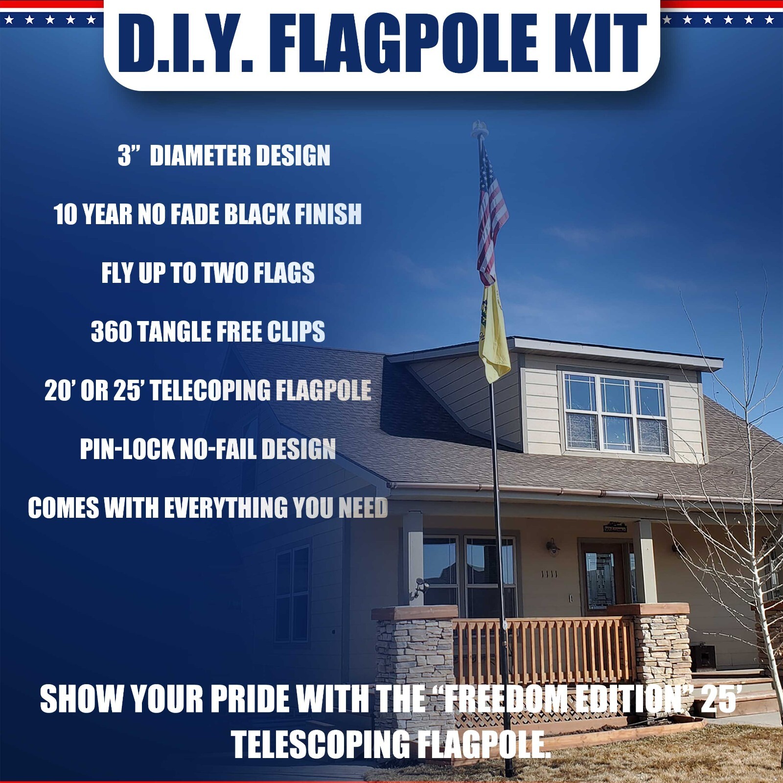 20' or 25' Delta Pin-Lock TELESCOPING Flag pole "Freedom Edition" (Black)