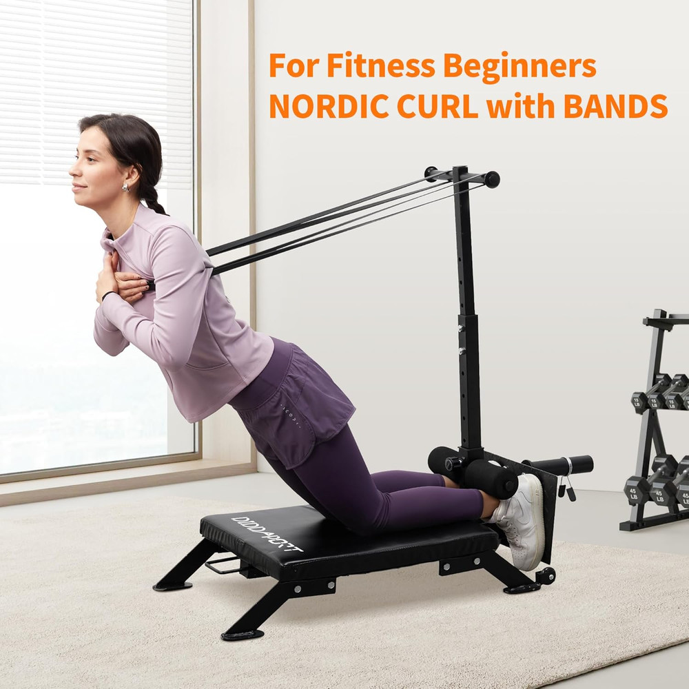 Nordic Curl Machine, Adjustable Hamstring Curl Bench, Glute Machine with Bands a