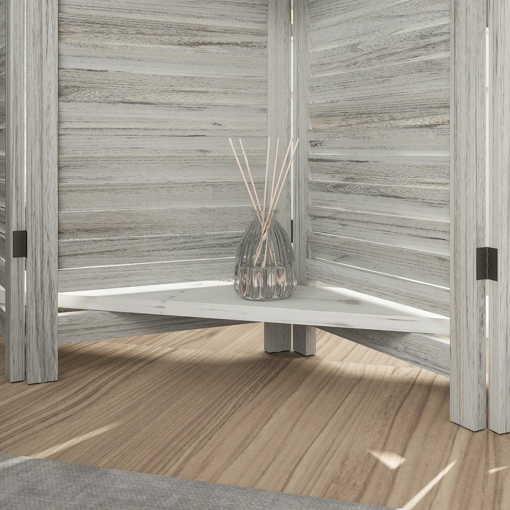 5 Panel Privacy Screen, Room Divider with 3 Shelves Distressed White