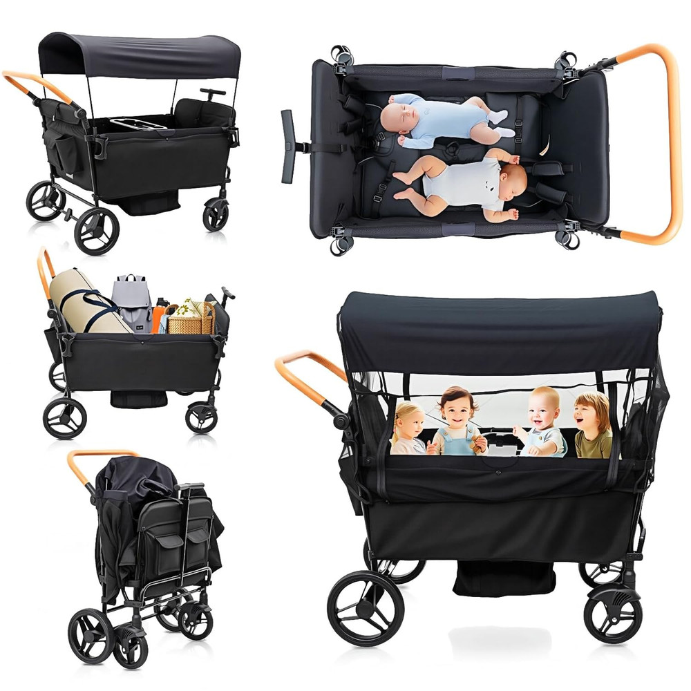 Stroller Wagon for 4 Kids Seated-Tandem Fold Stroller Push-Pull Lightweight Trav