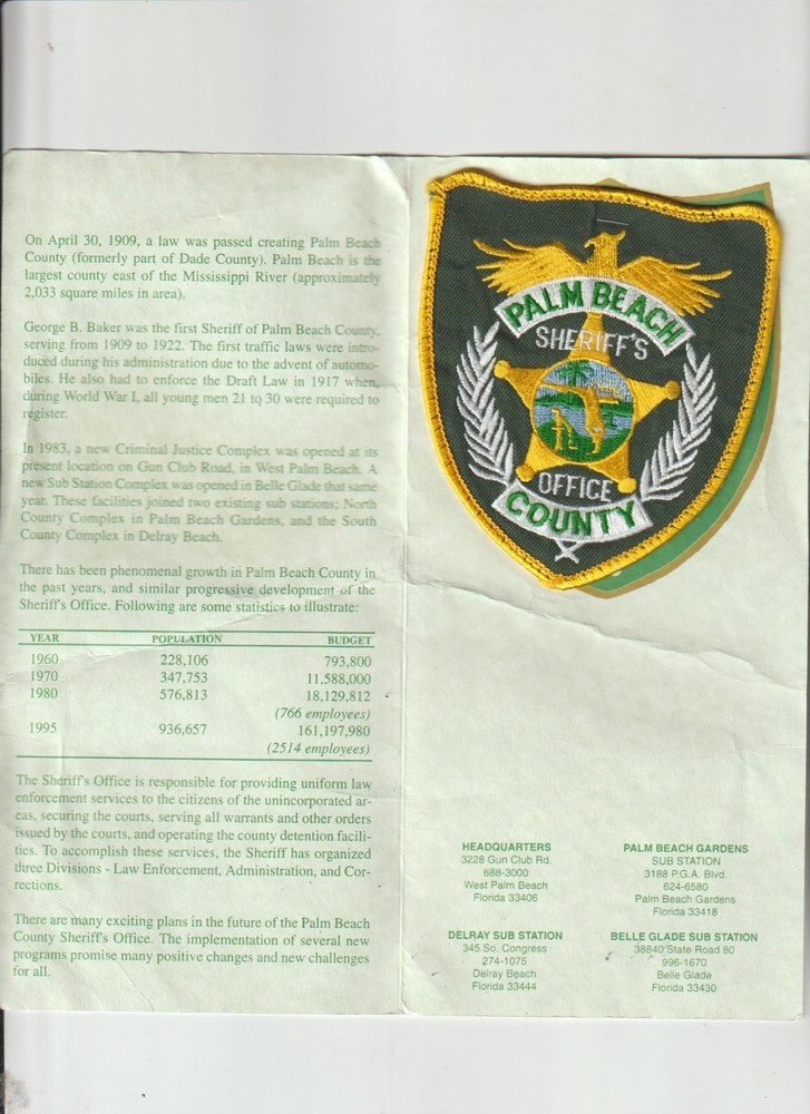 Palm Beach County FL Sheriff's Office patch in folder shipped from Australia