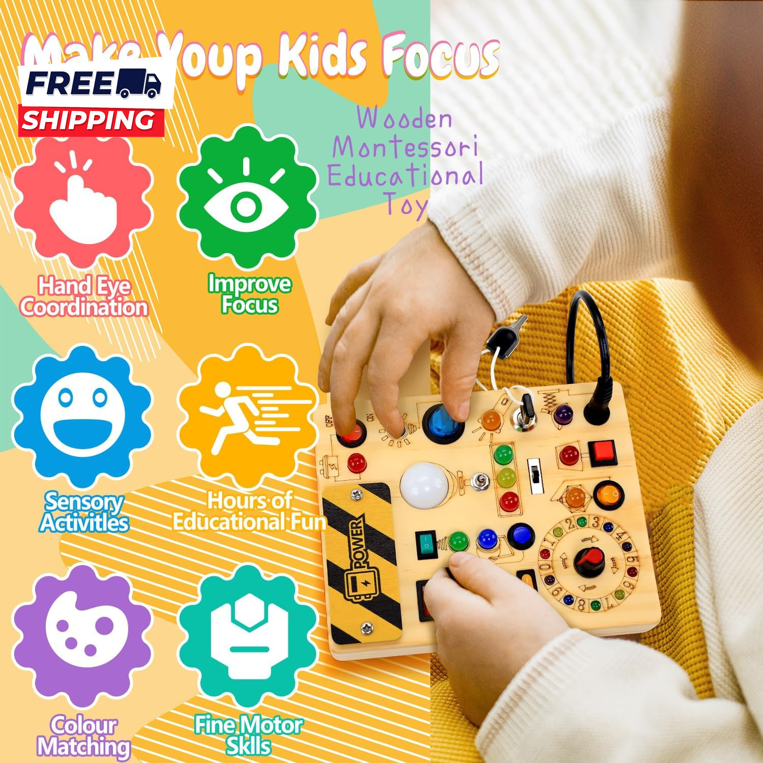 Busy Board with LED Light Switches Montessori Toys for 1 2 3 Years Old Toddlers