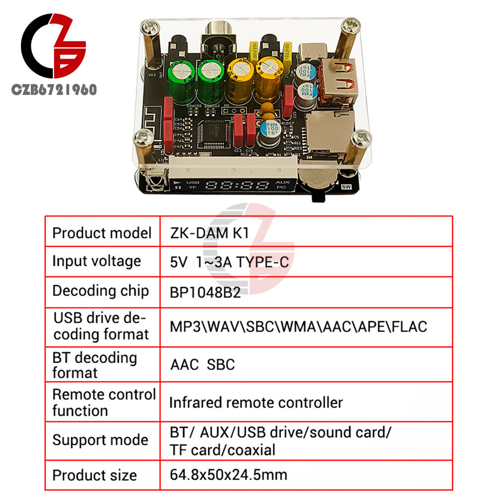 ZK-DAM-K1 Bluetooth U Disk Sound Card TF Decoder Board Front DSP Tuning Type-C