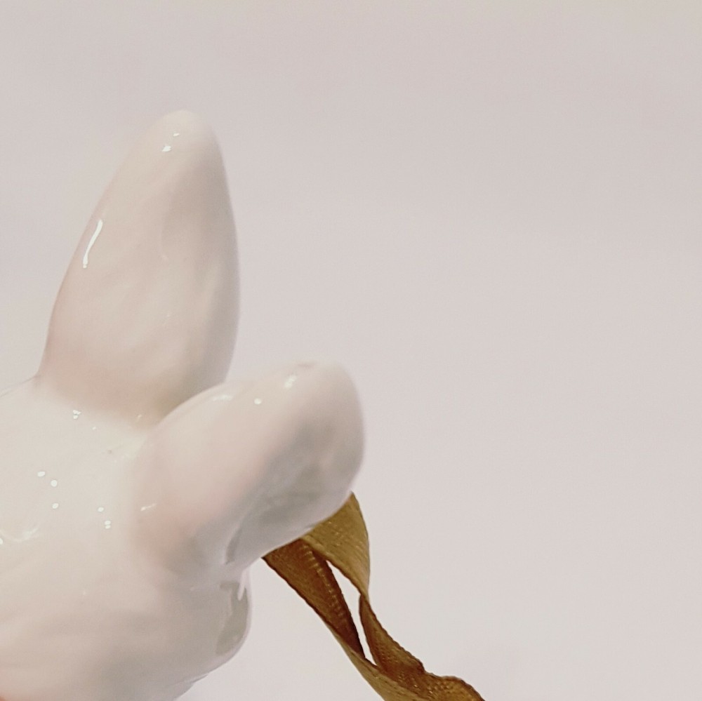 White Rabbit Blue Flower Ornament 3" Bunny Easter Ceramic