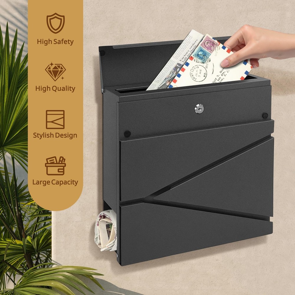 Lockable Wall Mount Mailbox with 2 Keys - Extra Large Capacity Gray