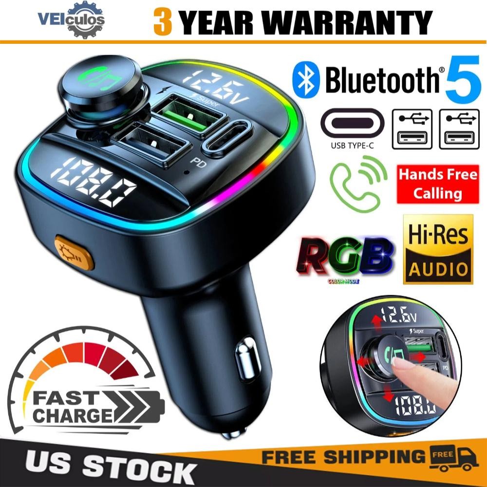 Bluetooth 5.0 Car Wireless FM Transmitter Adapter 2USB PD Charger AUX Hands LOT/