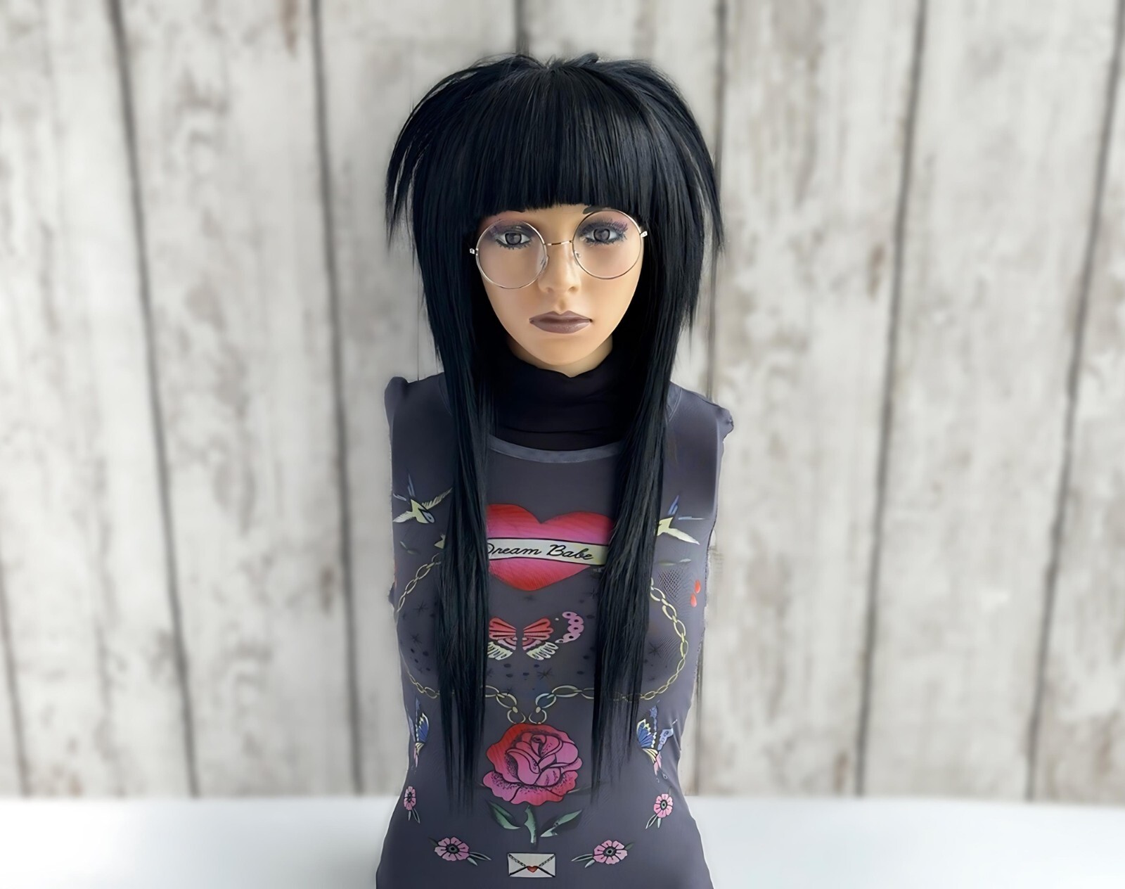 Emo Scene Wig Black Layered Shag Mullet Wig with Straight Bangs