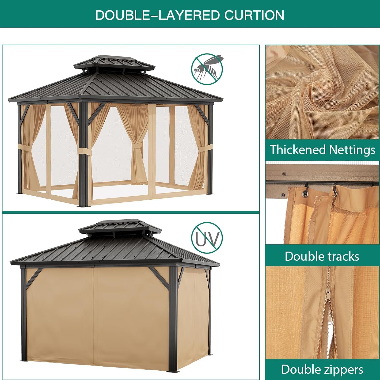 10x12 FT Heavy-Duty Aluminum Gazebo & Double-Layer Iron Roof All-Weather Outdoor