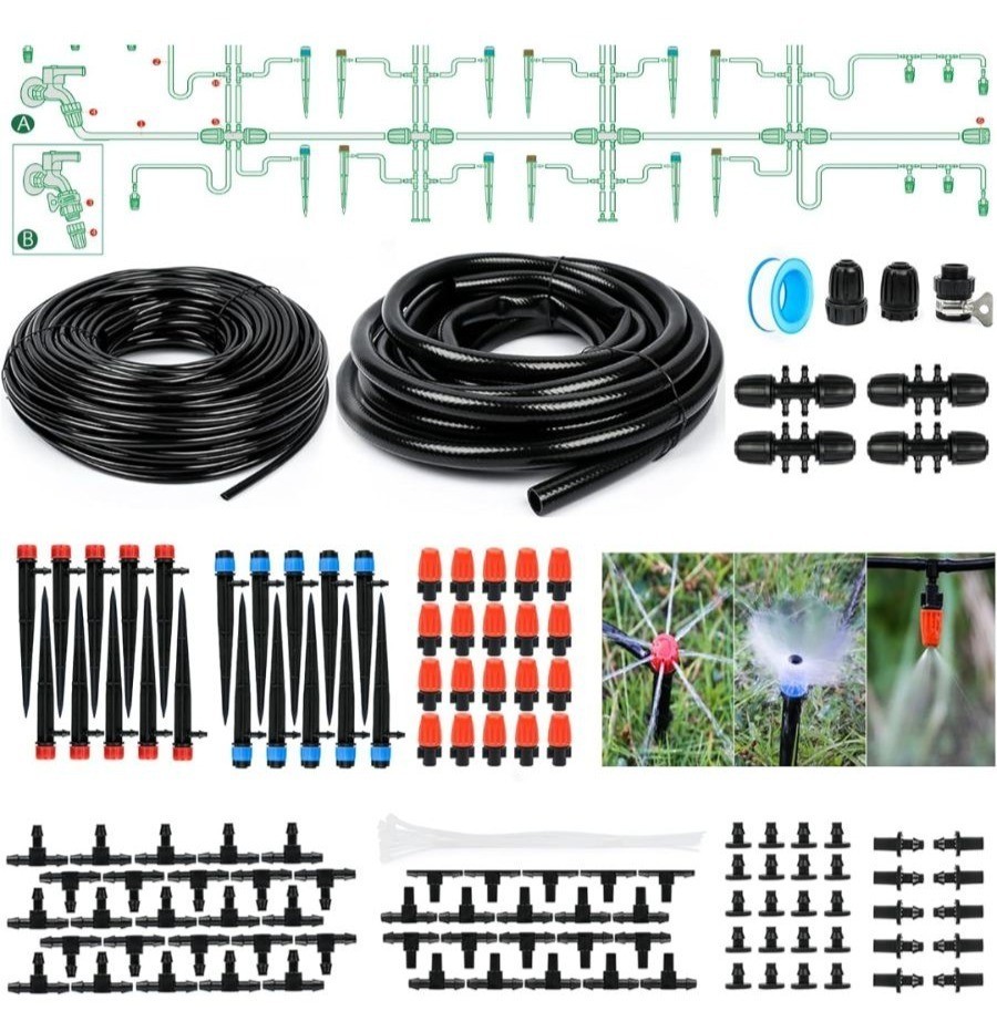 DIY Drip Irrigation Kit with 1/4 Tubing Adjustable Emitters, 30M Hose