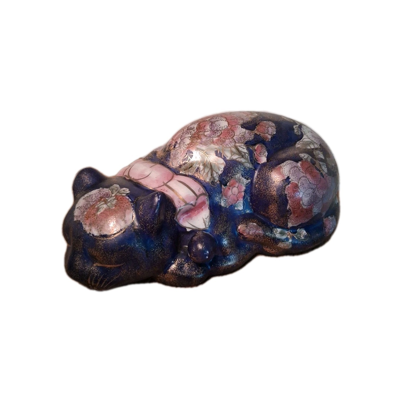 Vintage Asian Sleeping Cat 9.5" Floral Gilded Ceramic Porcelain Hand Painted