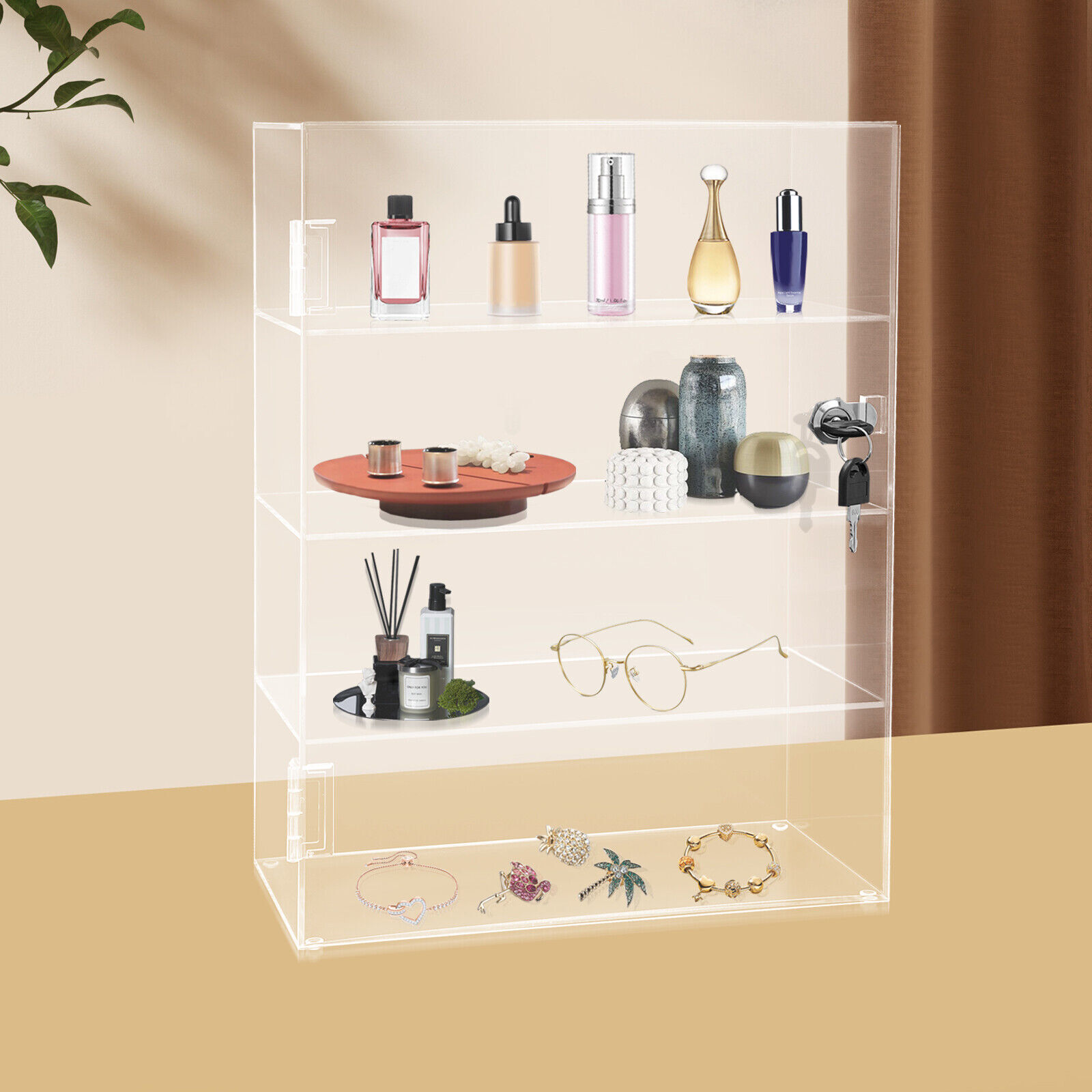 Acrylic Display Case Countertop Clear Box Dustproof Shelves Showcase with Lock