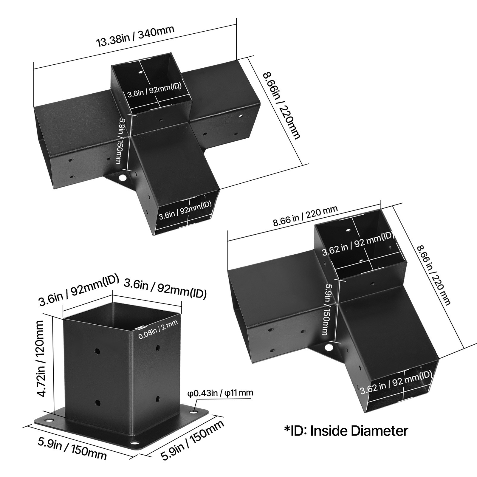 Uimoso 4x4 Pergola Bracket Kit 3.5x3.5 Inner, 3- & 4-Way Brackets with Bases