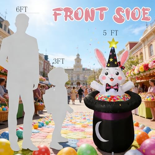 5 Ft Inflatable Easter Bunny in Magic Hat Yard Decoration, Cute Wizard Rabbit