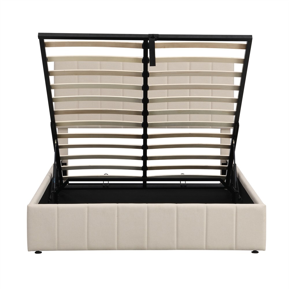 Full Size Upholstered Platform Bed Frame w/ Hydraulic Storage System Beige