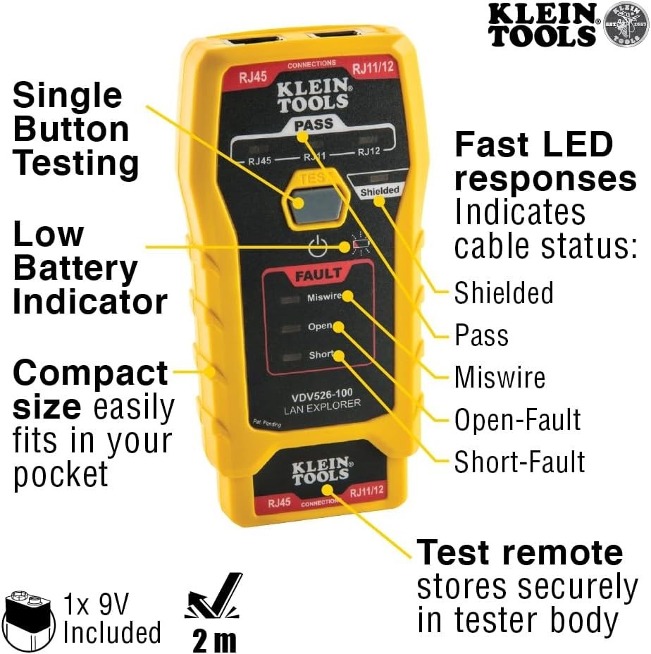 Pocket-Sized Network Cable Tester with Secure Remote Storage and Battery Power