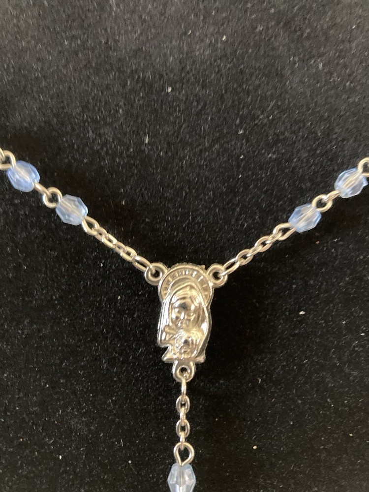 Rosary: Light Blue Beads w Silver Tone Chain 18"