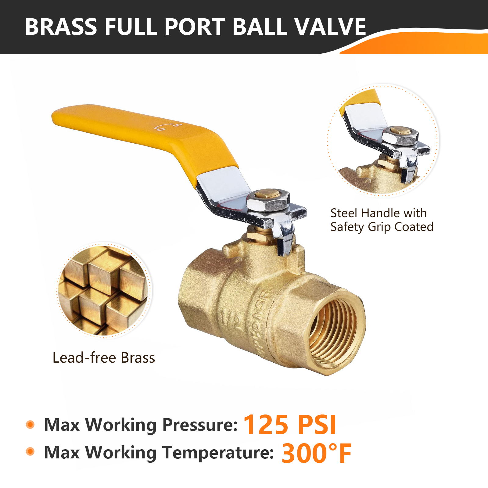 Brass Ball Valve FIP Threaded Yellow 3/4"or 1/2" Female Full Port 600WOG NPT