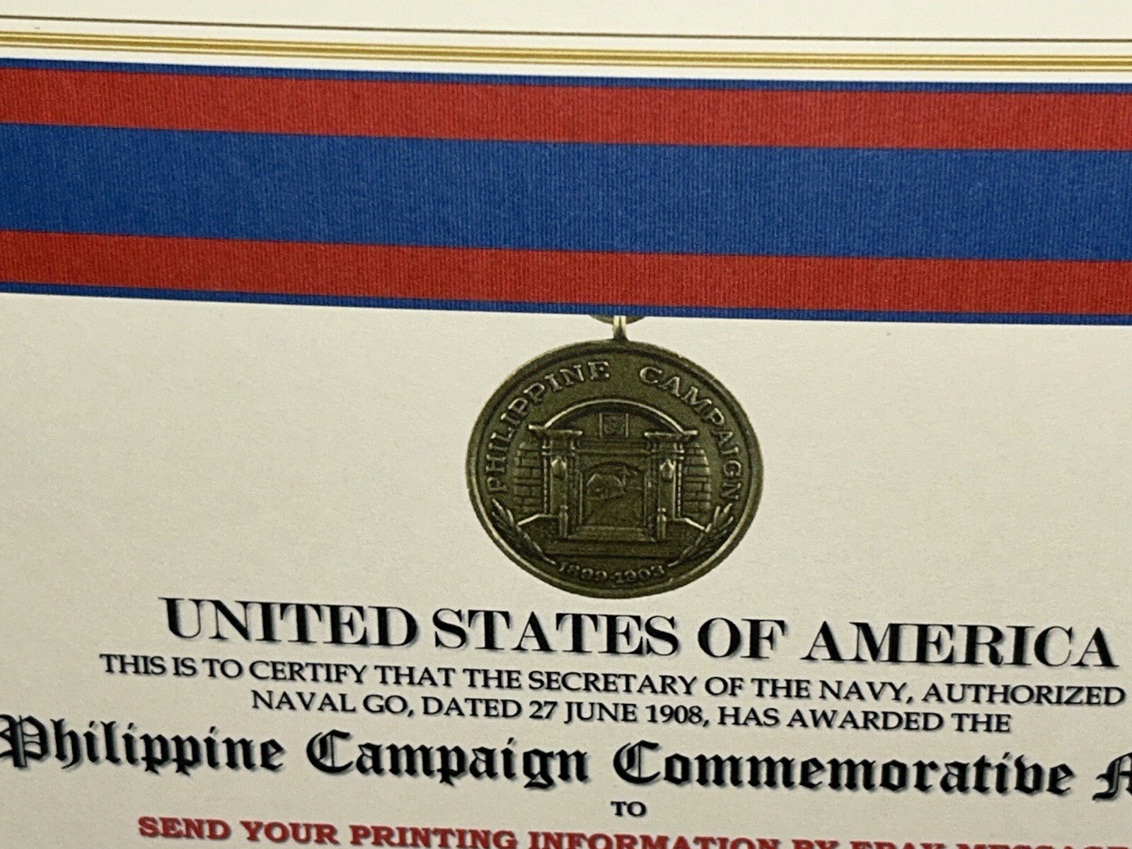 PHILIPPINE CAMPAIGN (NAVY) COMMEMORATIVE MEDAL CERTIFICATE ~ W/PRINTING TYPE-1