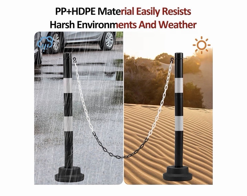 4 Pack- 34” Traffic Delineator Post Cones, Fillable Base & 5ft Plastic Chains