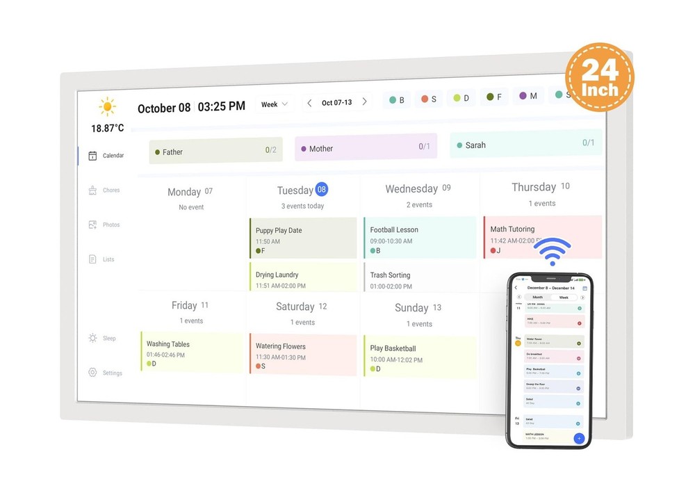 Smart Calendar Digital Chore-Chart for-Meal-Planner - 24 Inch Electronic Cale...