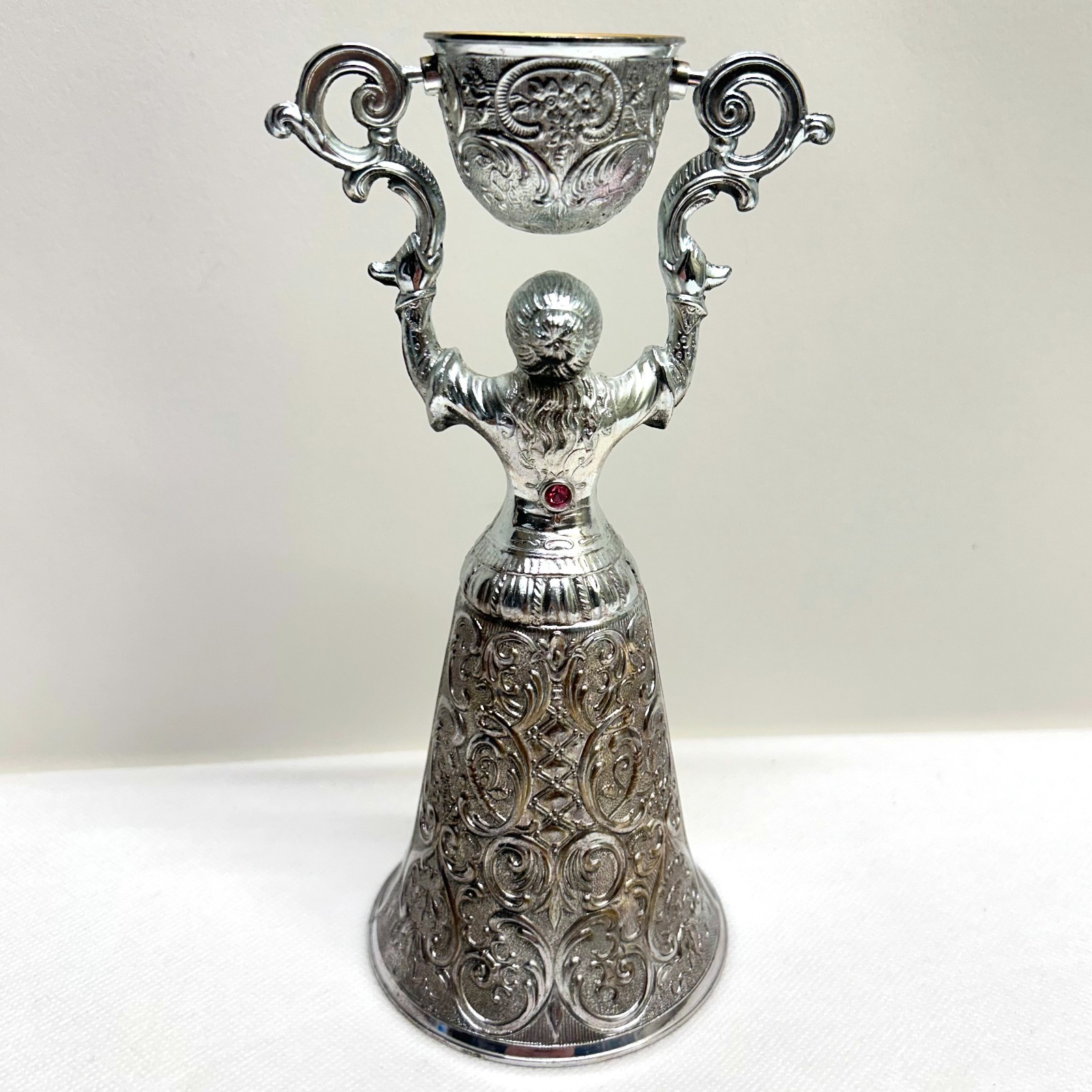 VTG Traditional Antiqued Silver Plated Wedding Cup German Chalice Lady Pink Gem