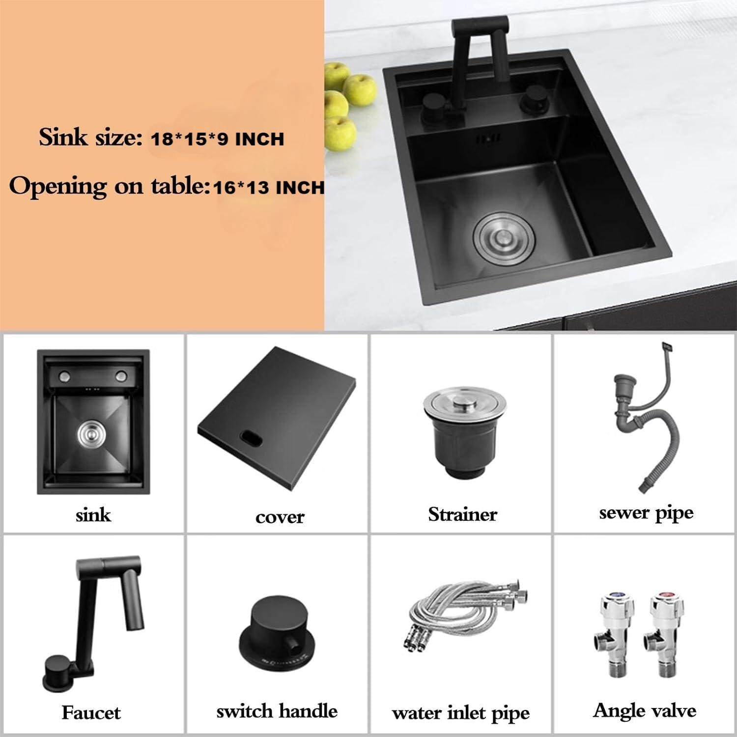 Hidden Bar/Cafe/RV/kitchen Sink wFoldable Faucet &Glass Rinser Set Black 18 INCH