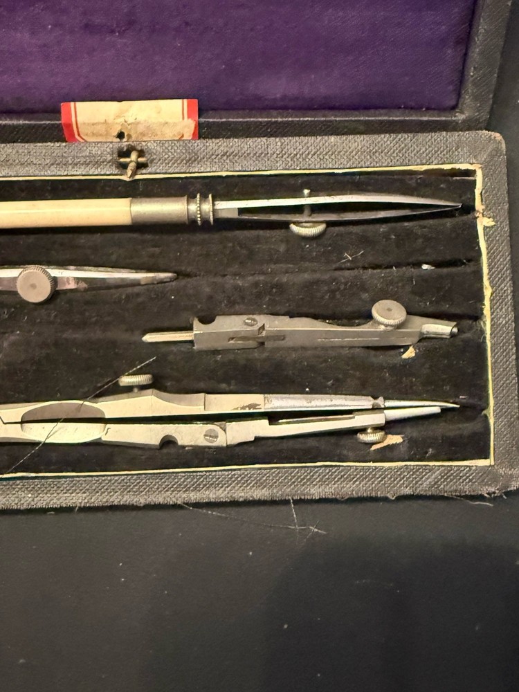 Antique Drafting Compass Set w/ Case Bone Handle Instruments c.1900