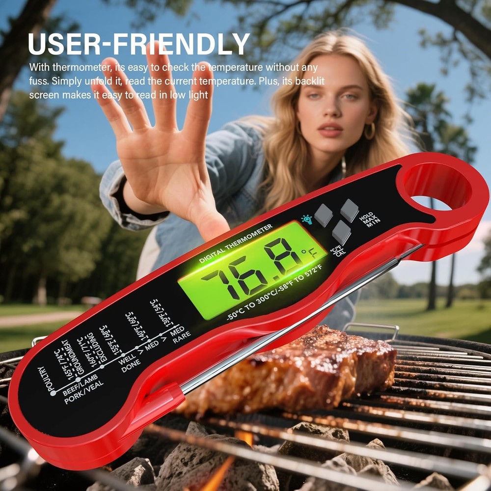 Digital Instant Read Meat Thermometer Waterproof Backlight Red Kitchen Use