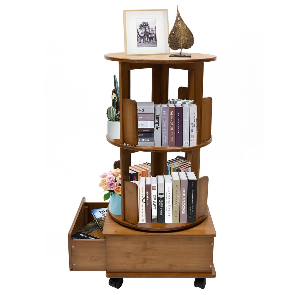 Rotating Bookshelf Swivel Storage Table Bookcase Side Table with Rolling Wheels