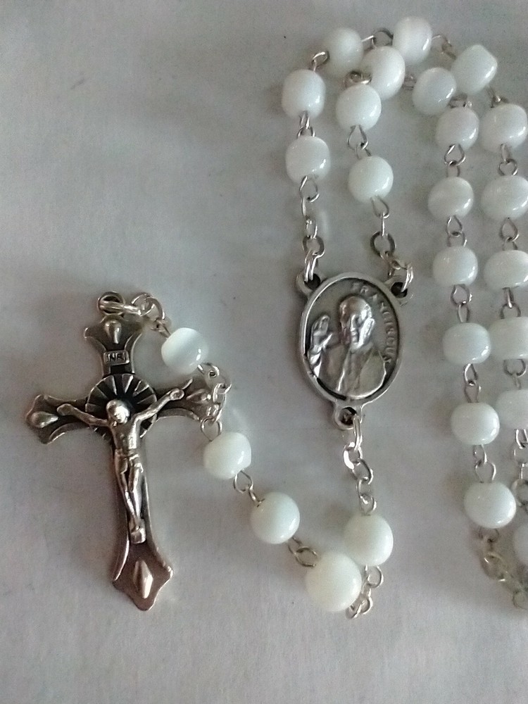 Vintage Catholic White Glass Rosary 17"