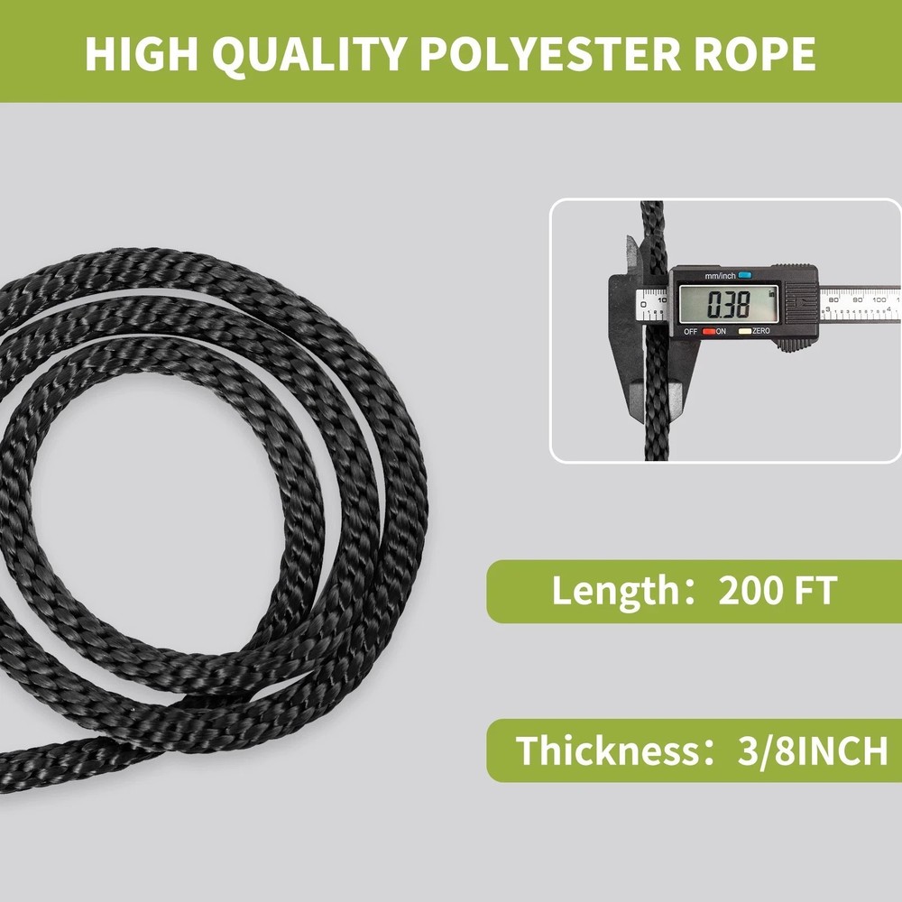 3/8 200'' Black Polyester Solid Braid Rope Outdoor Mooring Rope