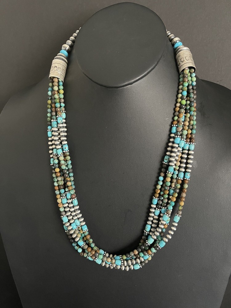 Sterling silver multistrand turquoise bead necklace 26 inch
