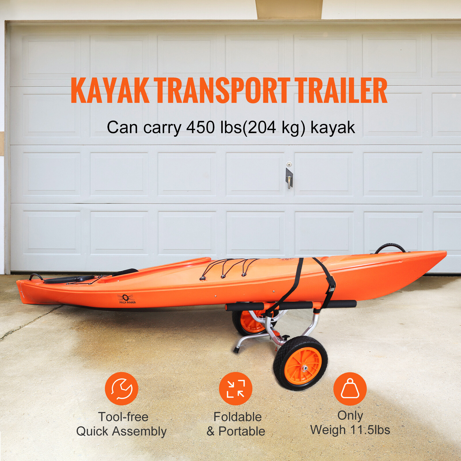 Adjustable Kayak Cart Canoe Boat Carrier 450lbs Load with 12'' Solid Tires