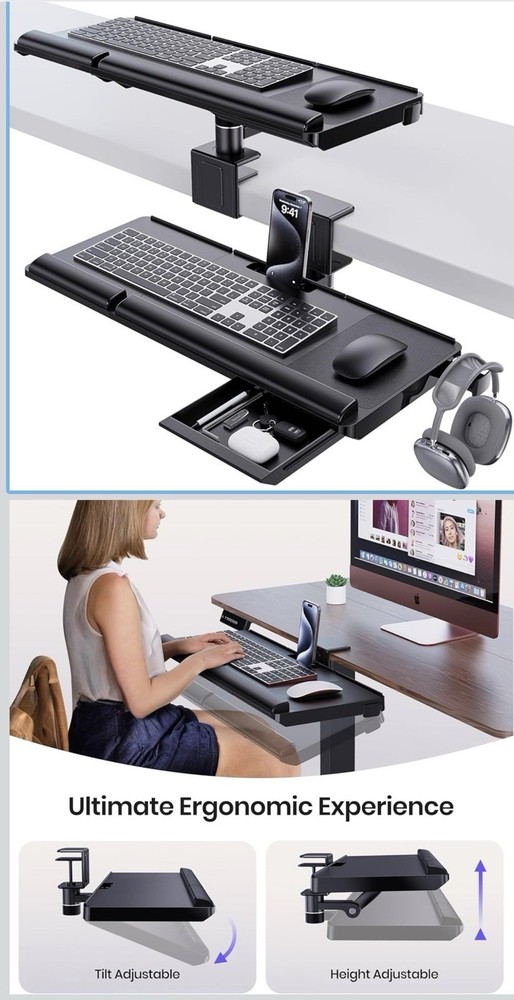 Klearlook Keyboard Tray Under Desk with 360° Rotation, Ergonomic Computer Keyboa