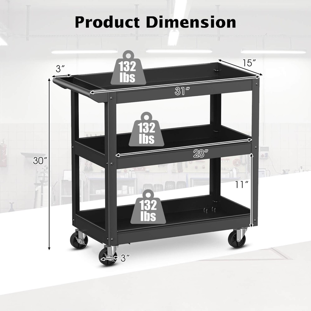 3-Layer Rolling Service Utility Cart with Flat Handle 2 Lockable Universal Wheel