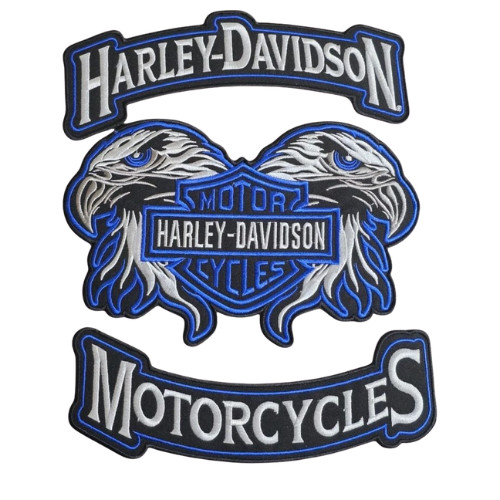 Harley Davidson Motorcycle 3-in-1 Double Eagle Patch Set Blue Embroidered