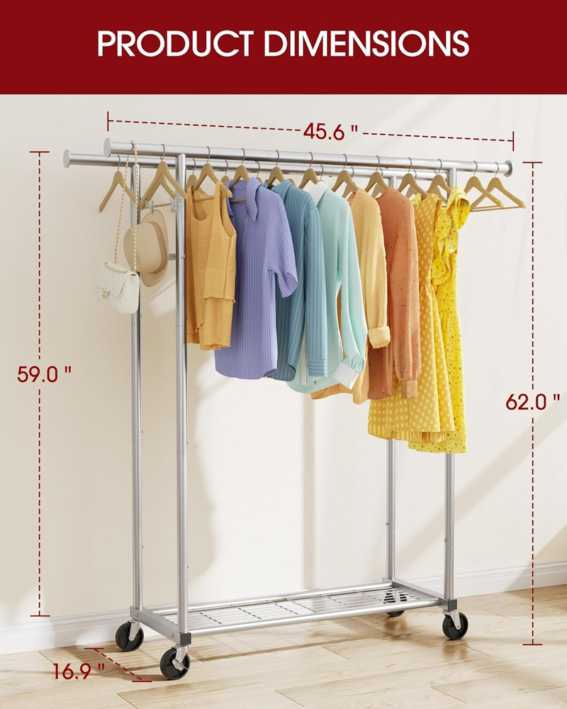Mobile Double Rod Clothes Rack, Freestanding Garment Organizer with Medium Load