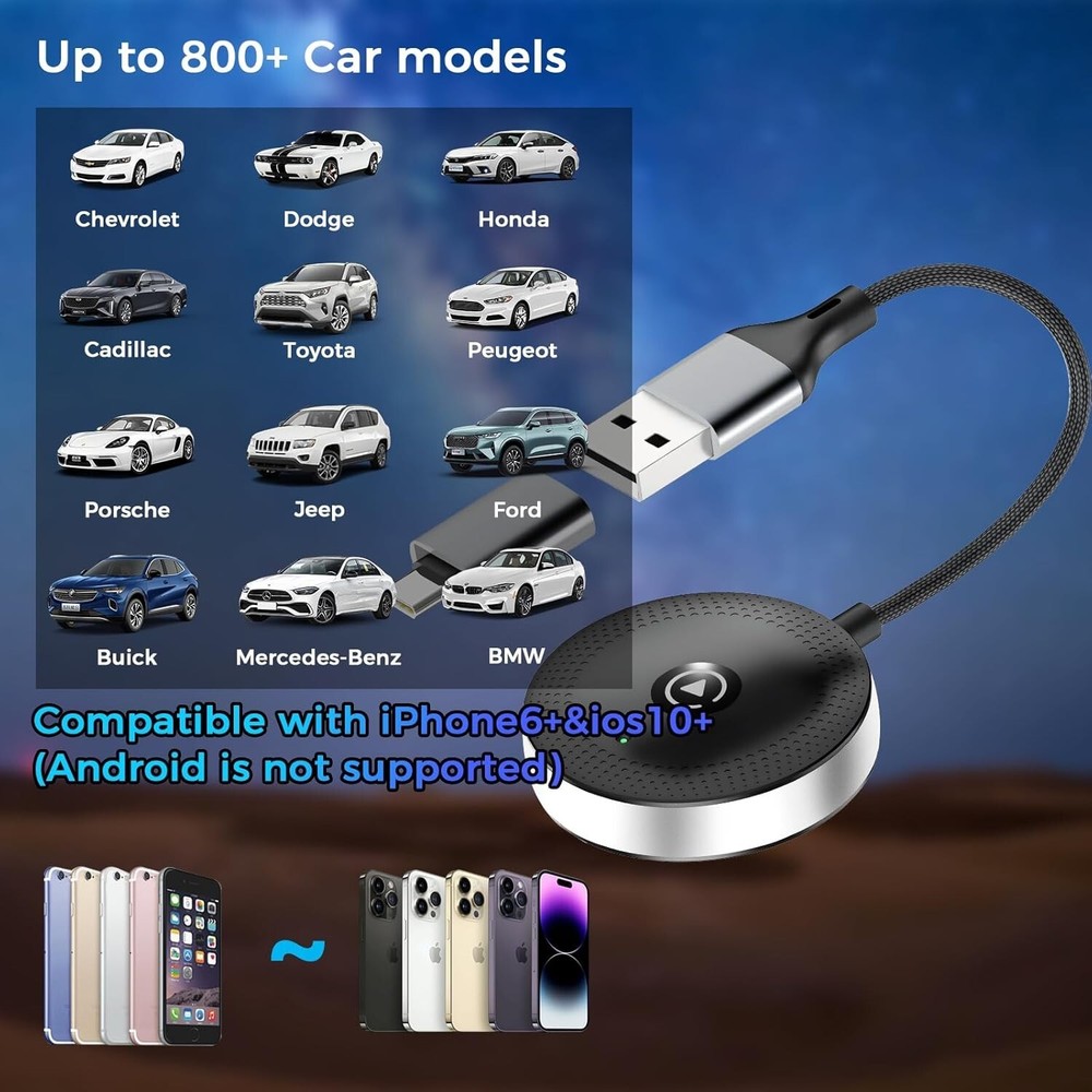 Wireless Carplay Adapter Converts Wired to Wireless for iPhone IOS 10+ Low Delay