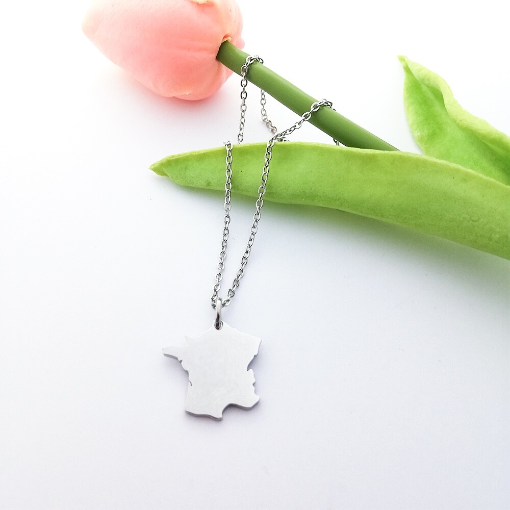 France Map Silver Necklace