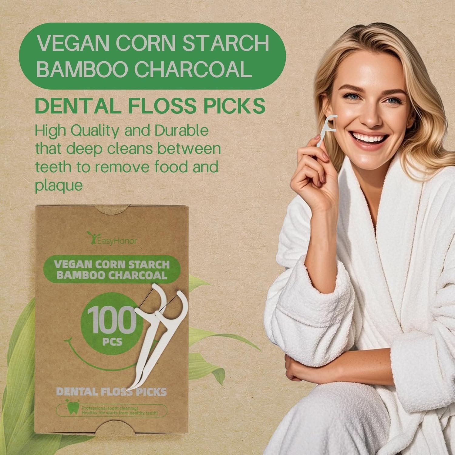 EasyHonor Organic Dental Floss Picks - Natural Biodegradable Floss Sticks with S