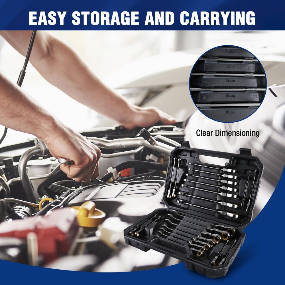 WORKPRO 22PC Regular/Flex-Head Ratcheting Combination Wrench Set w/Organizer Box