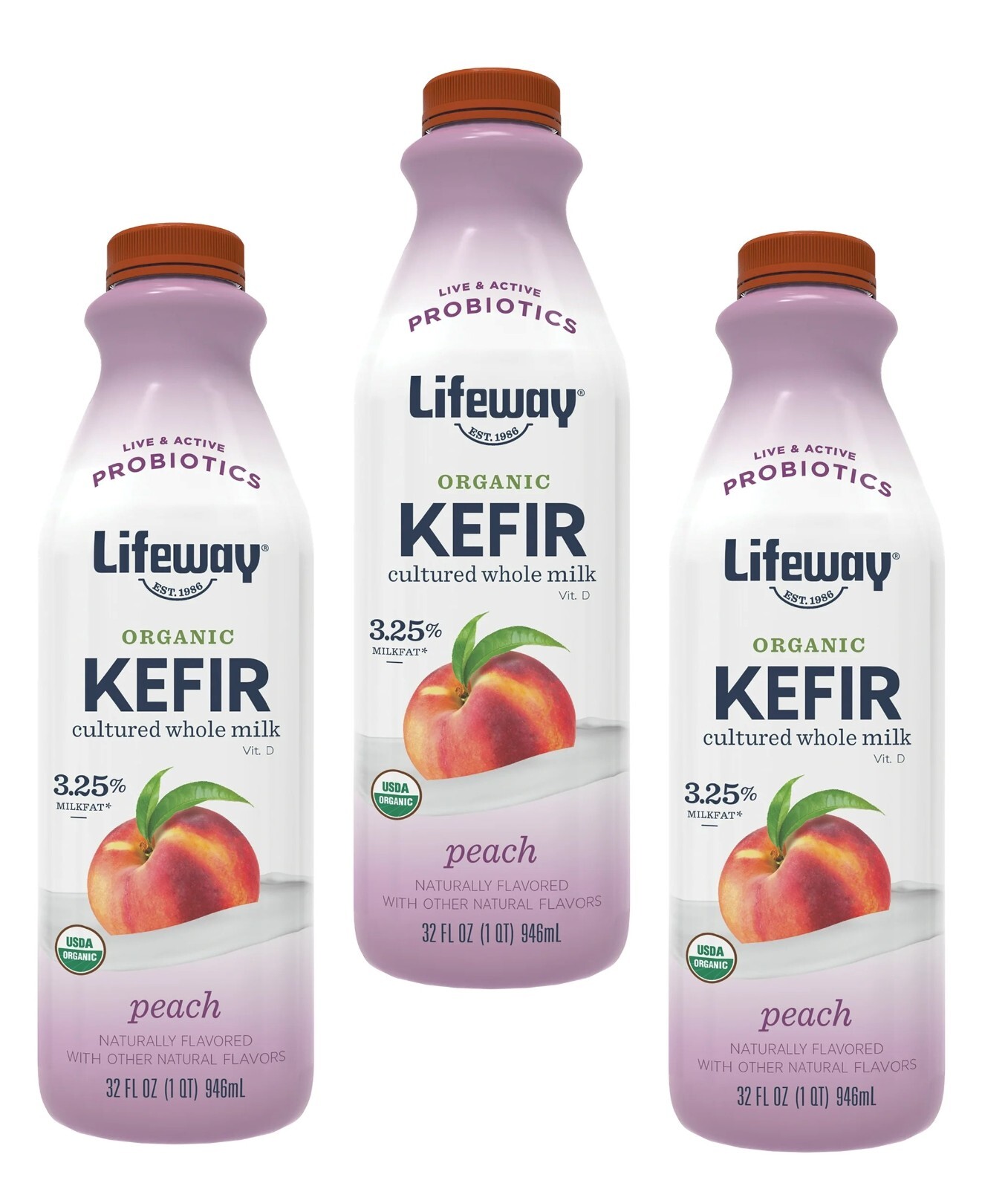 3 Pack Lifeway’s Organic Peach Kefir Lactose-Friendly Probiotic Drink Size 32 oz