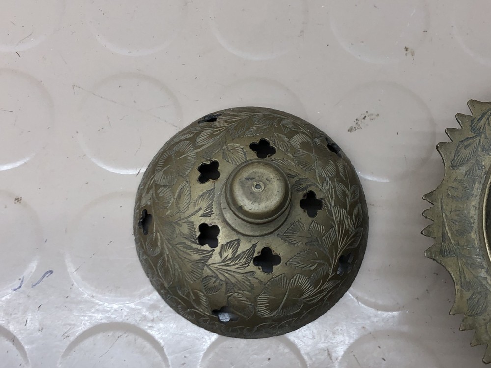 Vintage Solid Brass Incense Burner Small Marked INDIA Round W/ Etching