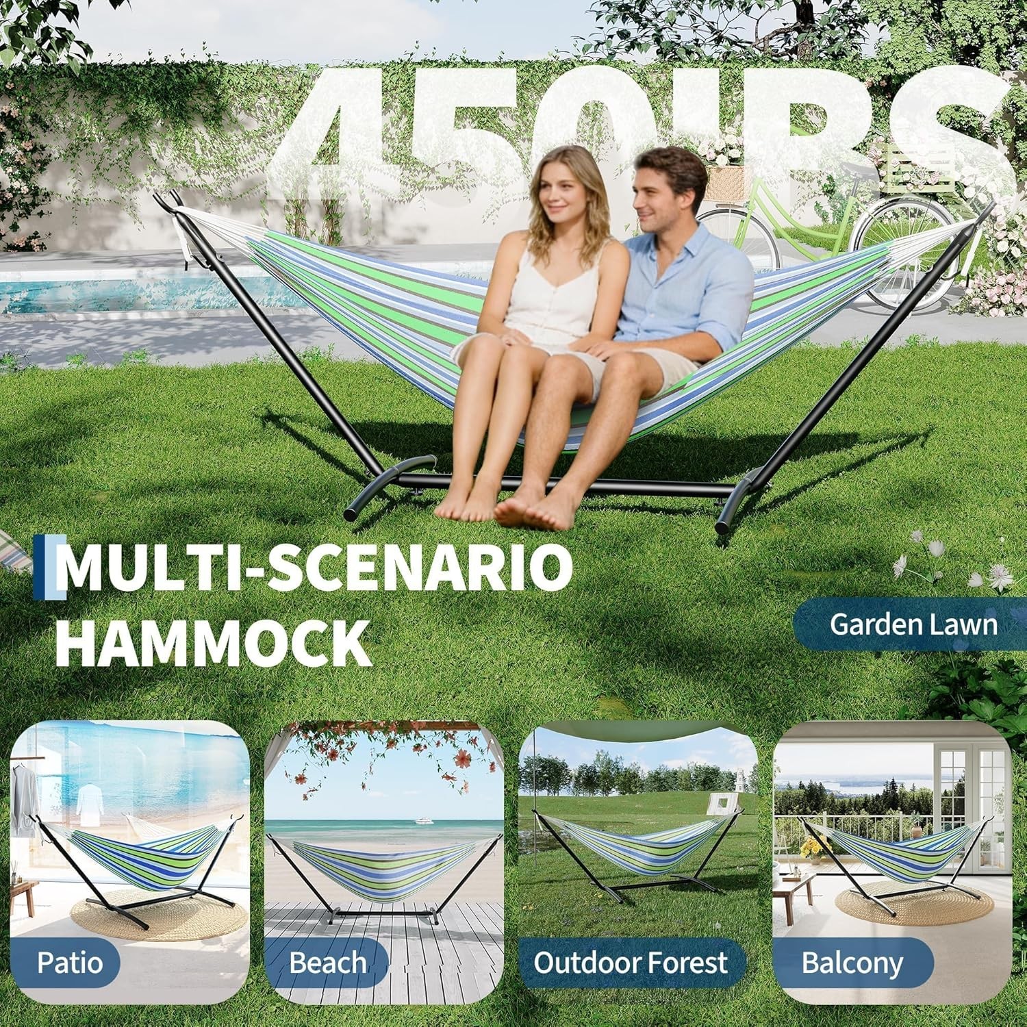 Double Hammock with Stand 2 Person Cotton Rope Design 450 Lbs Capacity for Patio