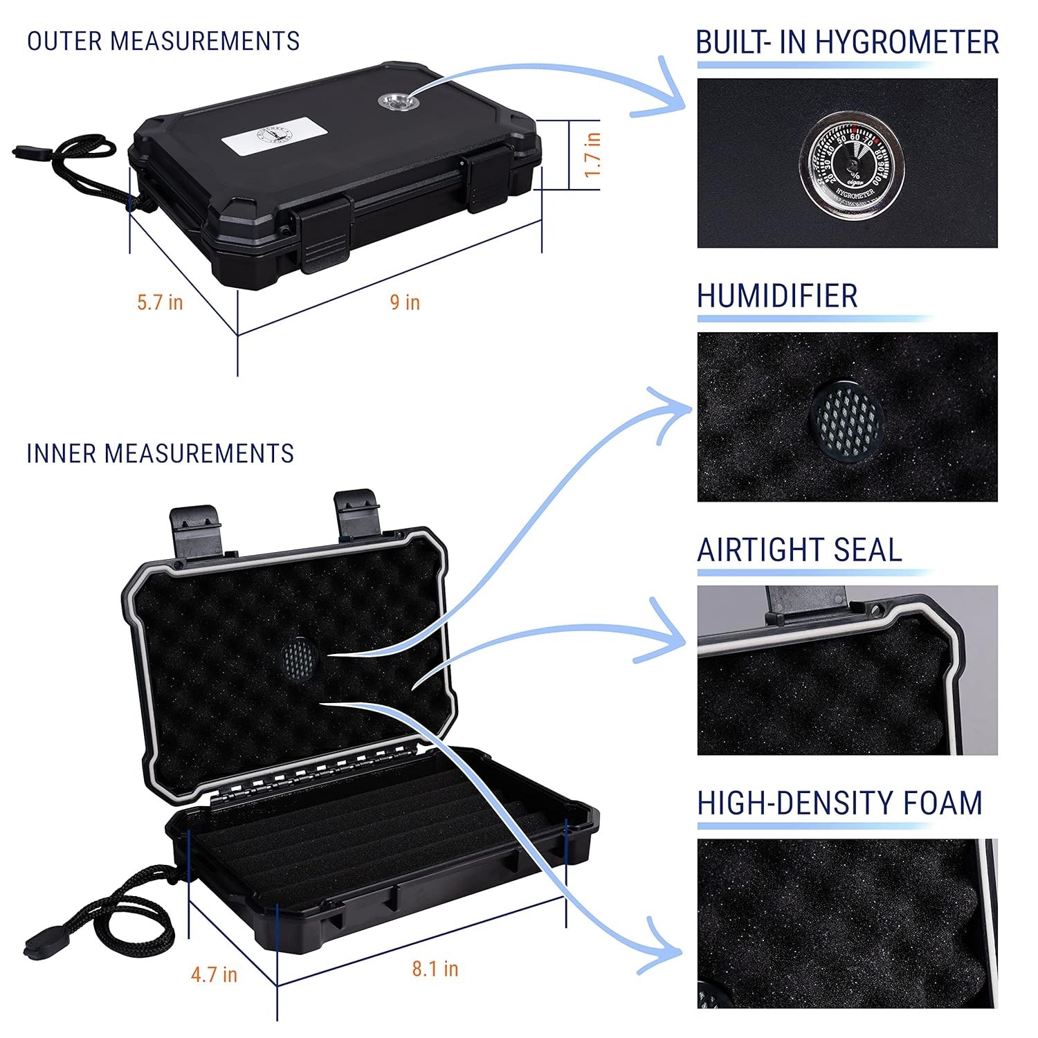 Cigar Travel Case Leather Portable Humidor Holder for 4 Cigars Black Zip