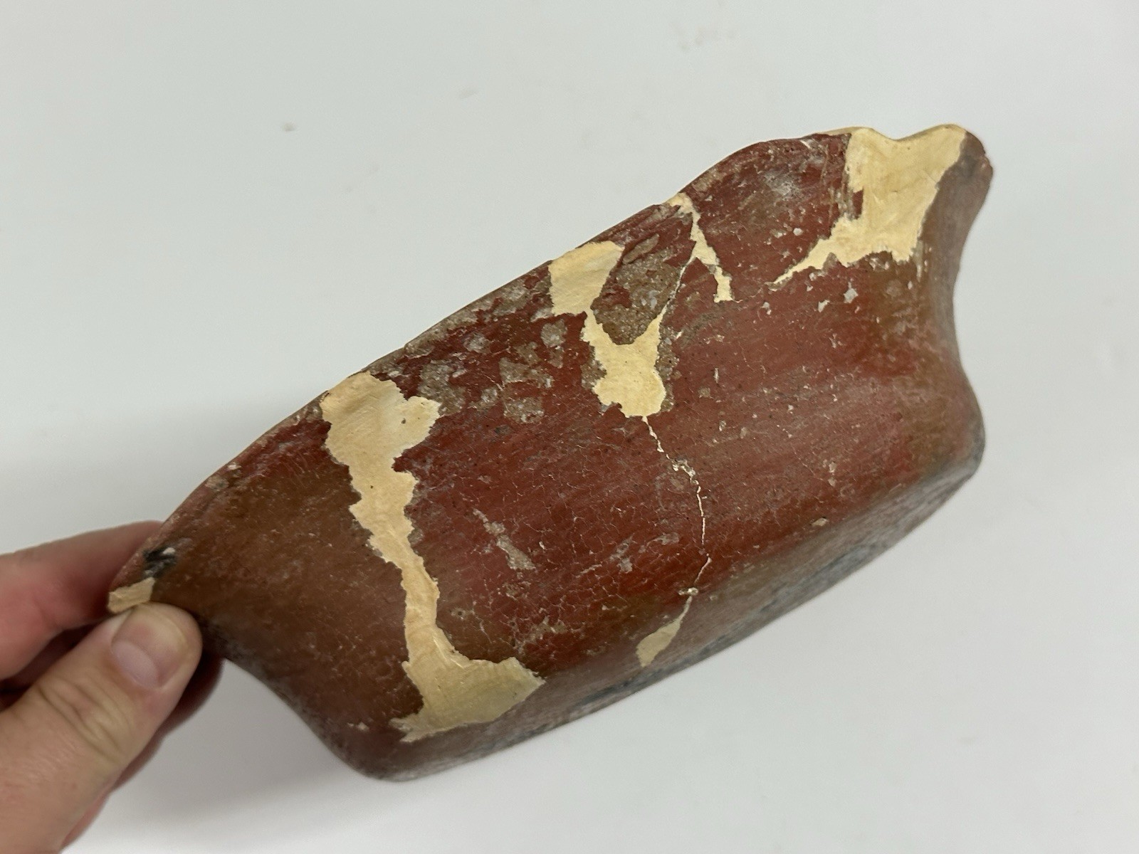 NICE 8 1/2" WIDE RED PAINTED 4 CORNER POTTERY BOWL, ARKANSAS INDIAN POT VESSEL